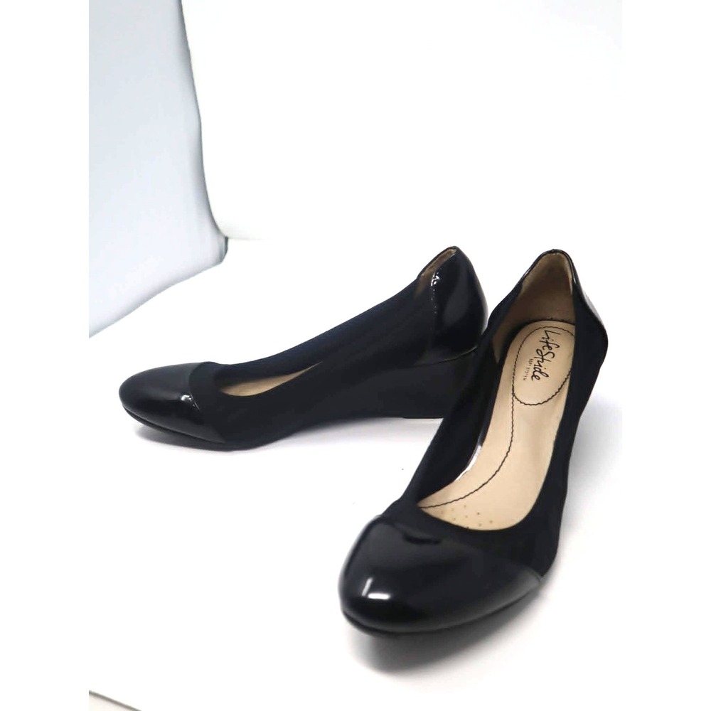 Black Wedge Pump 8.5 LifeStride Womens Juliana Patent Cap Toe Comfort Shoes